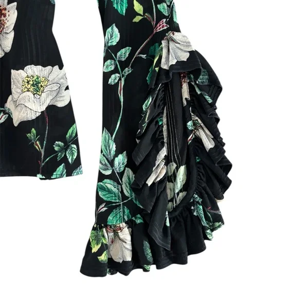 H&M Ruffle Sleeve Floral Blouse - Black & Green Size 6 - Picture 2 of 10